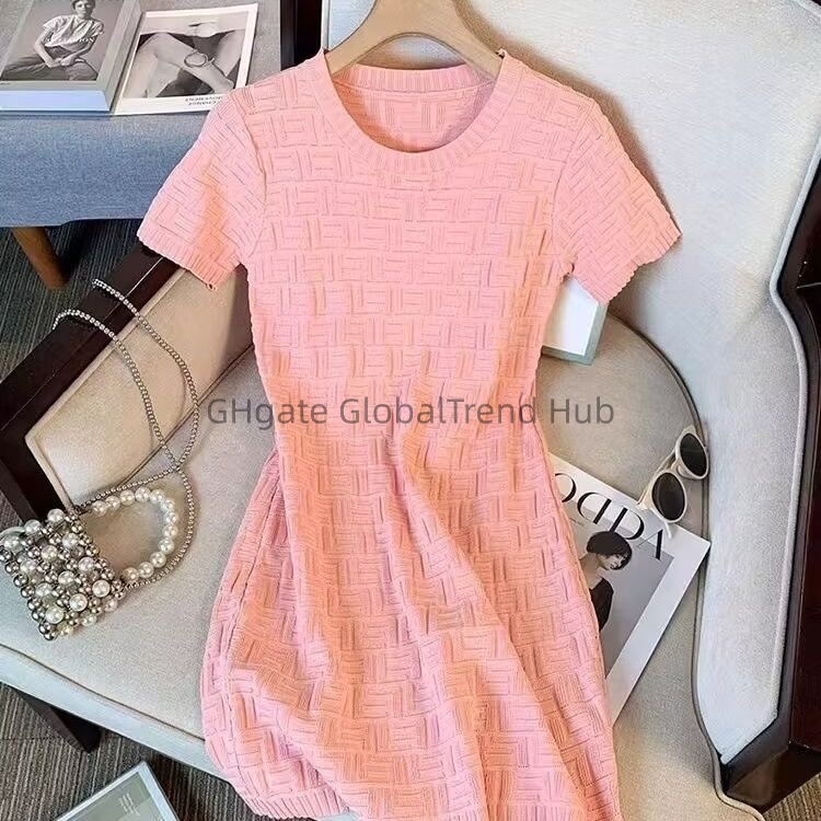 designer dress designer clothes women -inspired dress - crew-neck patterned short-sleeved knitted dress for women, summer style, slimming fit, flatt