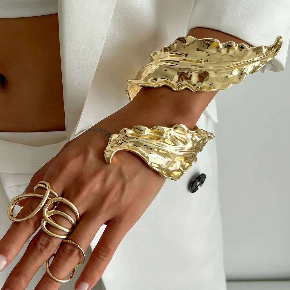 Ingemark Luxury Gold Color Metal Leaves Cuff Bangles for WomenExaggerated Punk Geometric Wrap Bangle Party Grunge Men Jewelry