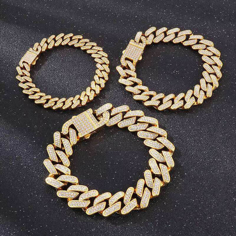 Stainless Steel 18K PVD Gold Plated Ice Miami Cuban Chain Bracelet for Men, Unisex, Hip Hop Style, Geometric Shape, Full CZ