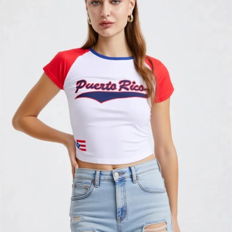 2026 Summer Puerto Rico Y2K Tee Slim Fit T-shirt Womens Sexy Short Sleeved O-neck Basic Sports Casual Style Crop Tops 260604bj