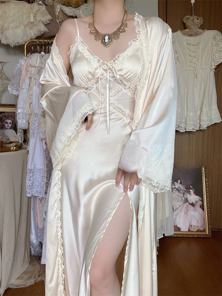 2024 Autumn Silk Sexy Strap Dres Casual Korean Elegant Long Split Patchwork Lace Fashion V Neck 260604BANJIA