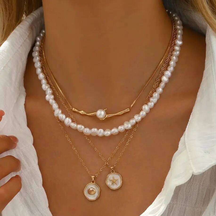 Boho Multilayer Imitation Pearl Necklace for Women Gold Plated Starfish Shell Pendant Choker Female Beach Party Vacation Jewelry