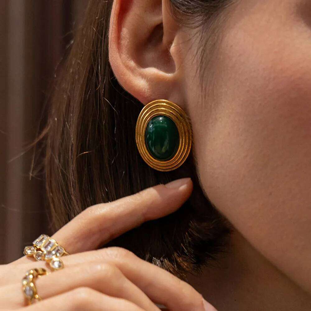 Ingemark Vintage Inlaid Resin Stainless Steel Oval Stud Earrings for Women PVD 18K Gold Plated Geometric Earring Daily Jewelry