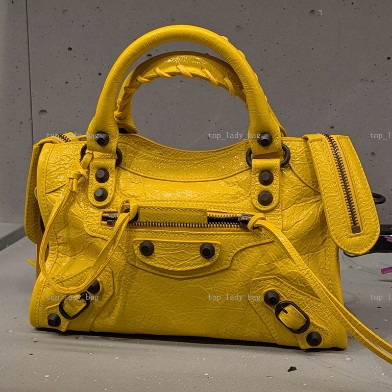 Mirror quality 12A Designer bag Le City series Motorcycle bag Lemon Yellow Antique Copper buckle Crossbody bag Fashionable Rivet Handbag