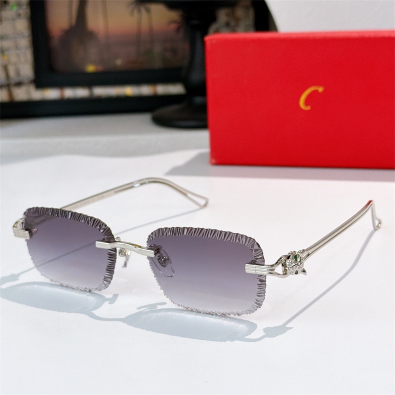 Womens Designer Rimless Rectangle Sunglasses, Gold Animal Motif Temple, Scalloped Edge Gradient Lens, Luxury Vintage UV400 Glasses + Gift Box