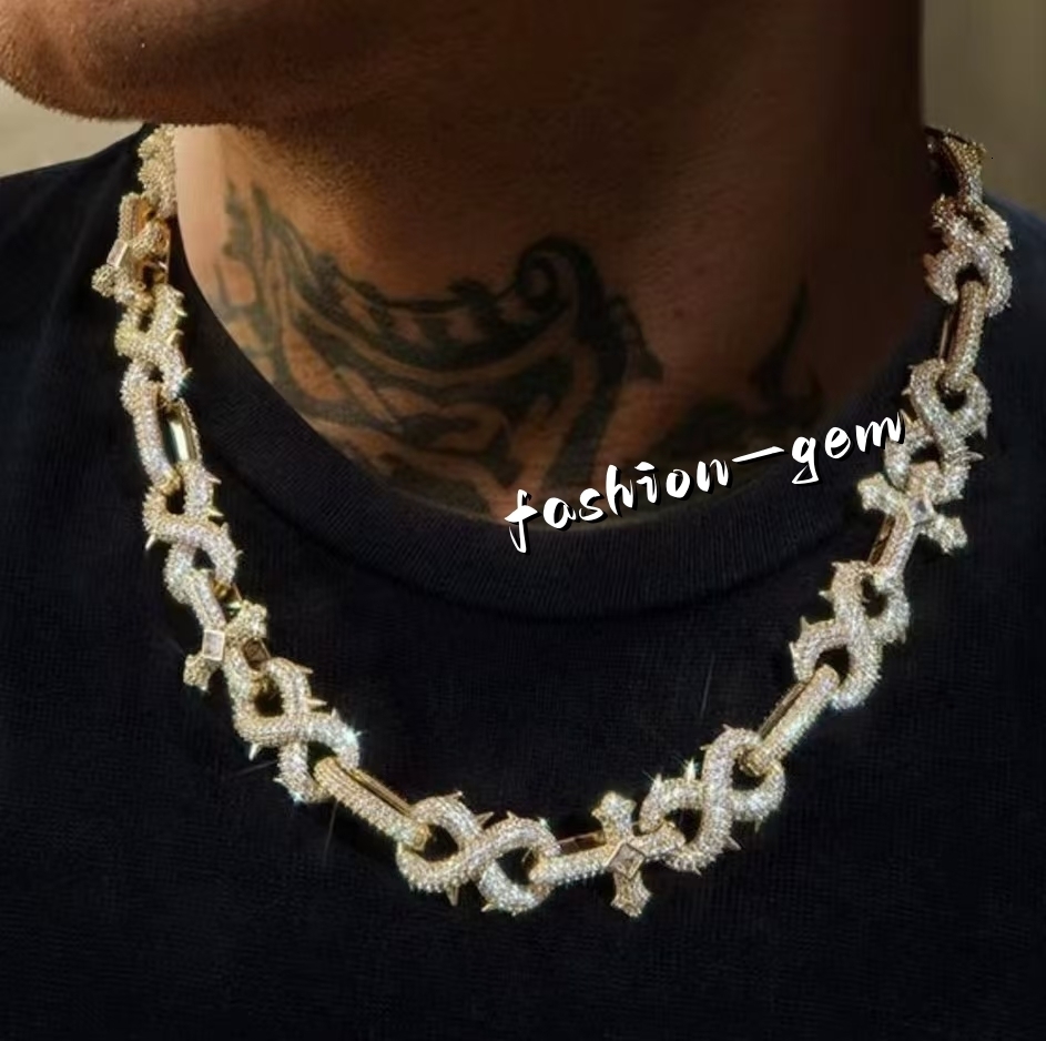 925 Sterling Silver Iced Out Hop Number 8 Necklace Cuban Cross Link with Spiked VVS D Color Moissanite Jewelry Chain