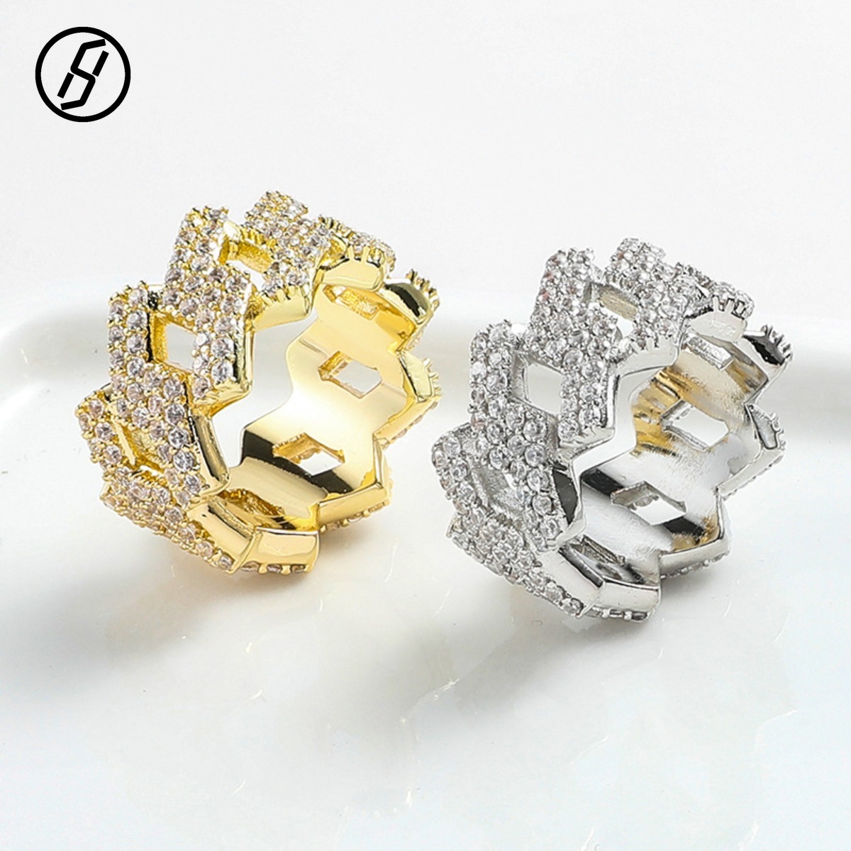 Unisex Hip Hop Cuban Ring Titanium Steel 18K Gold Plated S925 Silver Plated Geometric Full Paved Zirconia Ring For Men Women Original Jewelry Design