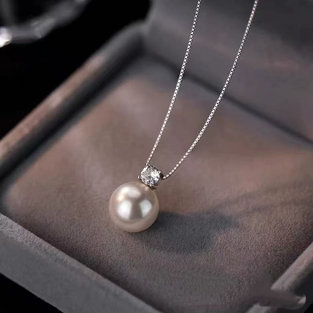 Silver Plated Solitaire CZ Imitation Pearl Pendant Necklace, Minimalist Single Pearl Crystal Charm Box Chain Dainty Women Wedding Bridal Jewelry Who