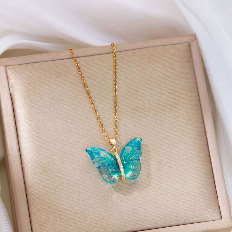 Simple Resin Butterfly for Women Gradient Colorful Insect Pendant Clavicle Chain Necklace Exquisite Party Jewelry