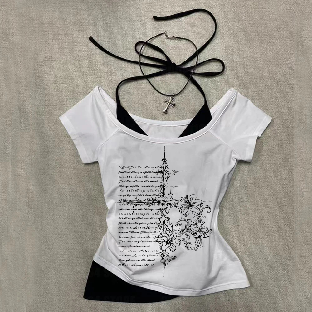 Fake Two Harajuku Pattern Printed Short Sleeve Top Y2K Aesthetic Retro T-shirt Womens Retro Grunge Street Wear Summer 260604bj