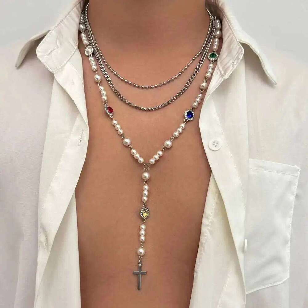 Lacteo 3Pcs/Set Punk Trendy Stainless Steel Chain Cross Pendant Necklace Men Creative Unique Imitation Pearl Choker Jewelry Gift