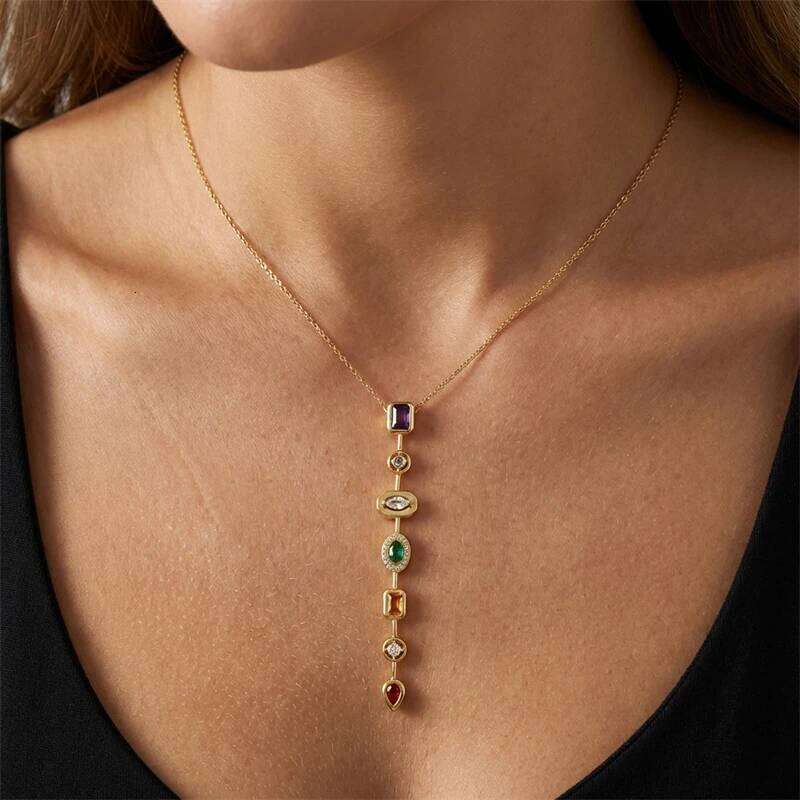 Stainless Steel Vintage Colorful Zircon Long Pendant Necklace for Women Gold Plated Geometric Collar Choker Party Jewelry Gifts