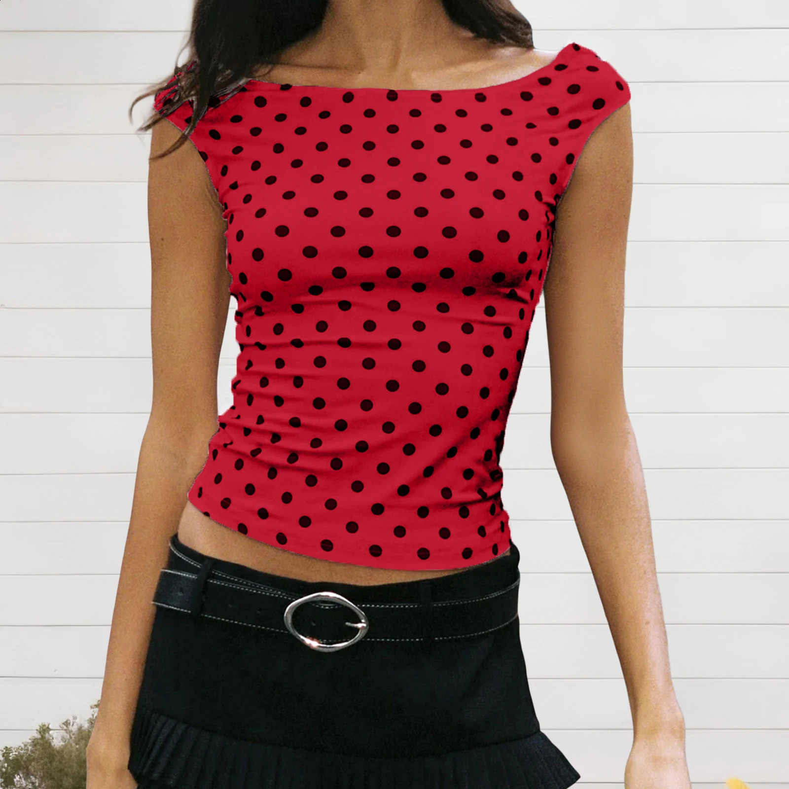 Combhasaki Womens Short Sleeve Polka Dot T-Shirt Vintage Going Out Crop Tops Slim Fit Boat Neck Off Shoulder Blouse Y2k Clothes 260604bj