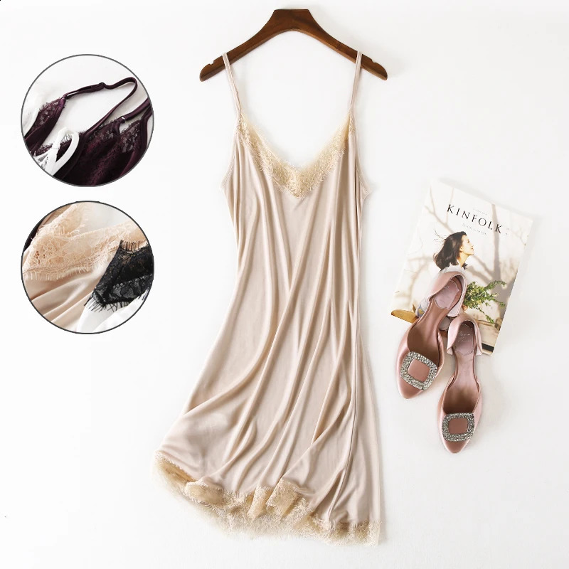 Spring and Summer Knitted Mulberry Silk Home Dress Lace V Collar Sexy Adjustable Base Slip Nightdress 260604BANJIA