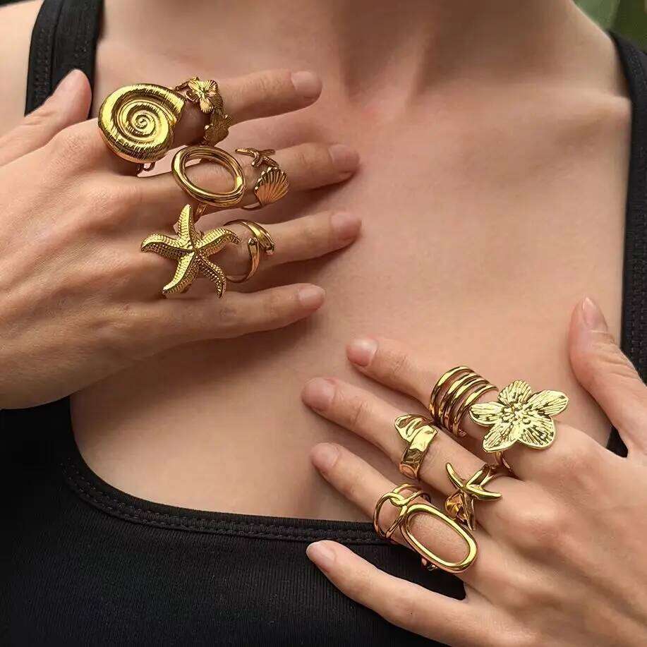 Ingemark 12 Styles Stainless Steel Adjustable Open Rings for Women Boho Waterproof 18K Gold Plated Starfish Conch Flower Ring