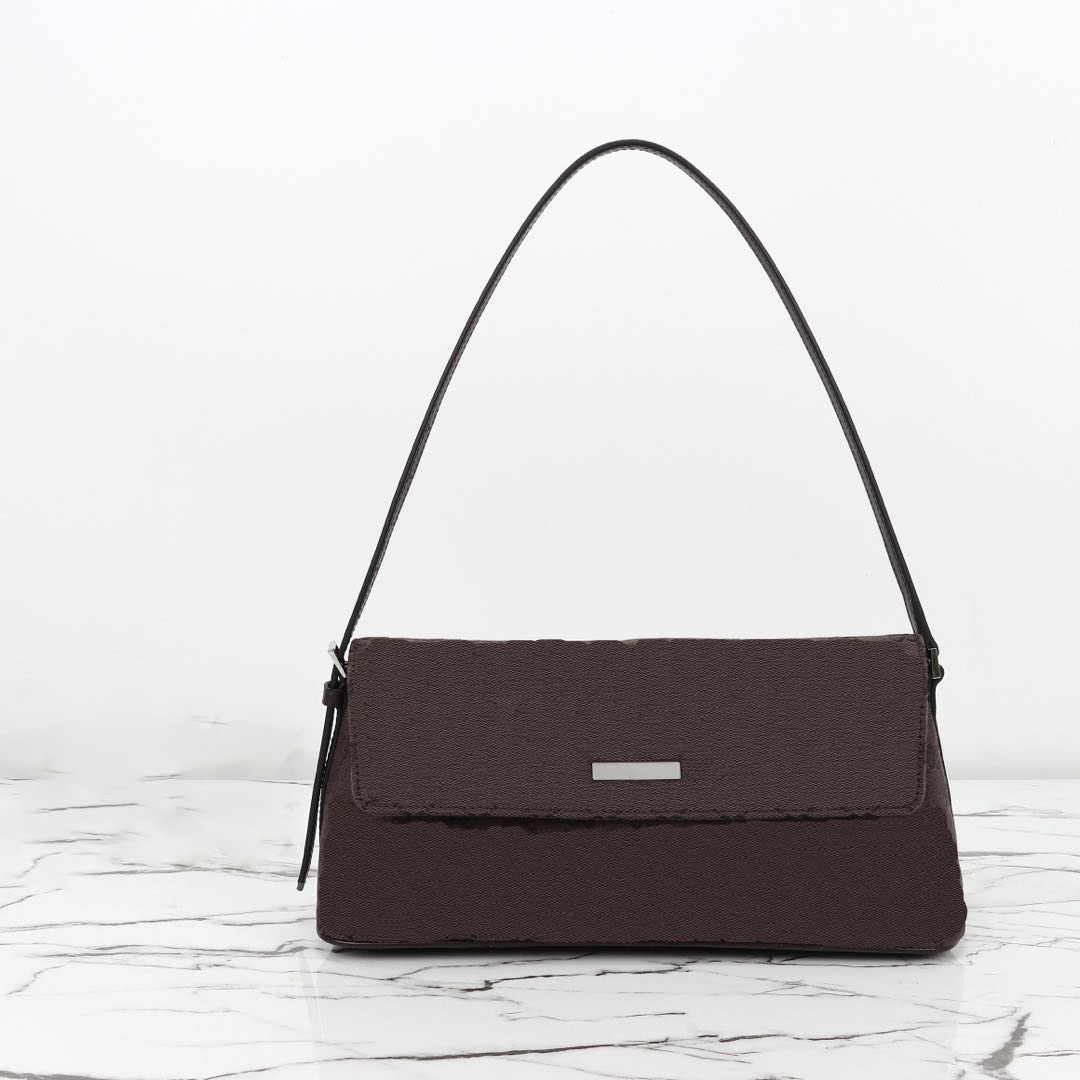 10A High-Quality Luxury Designer Bag, Monogram Canvas Underarm Bag, Classic Brown Flap Baguette Bag, Women's Commuter Casual Handbag