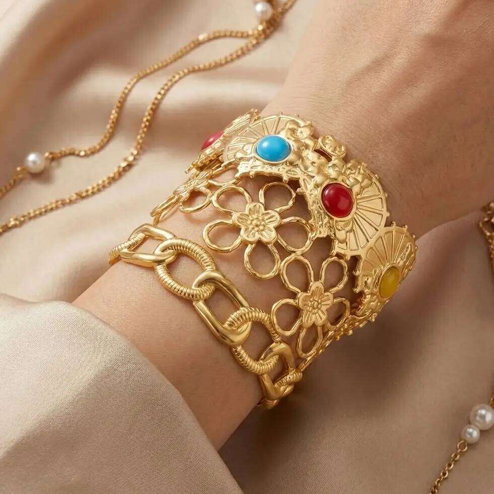 Vintage Turquoises Geometric Bracelet for Men Women Stainless Steel Hollow Flower Sun Open Adjustable Cuff Bangle Party Jewelry