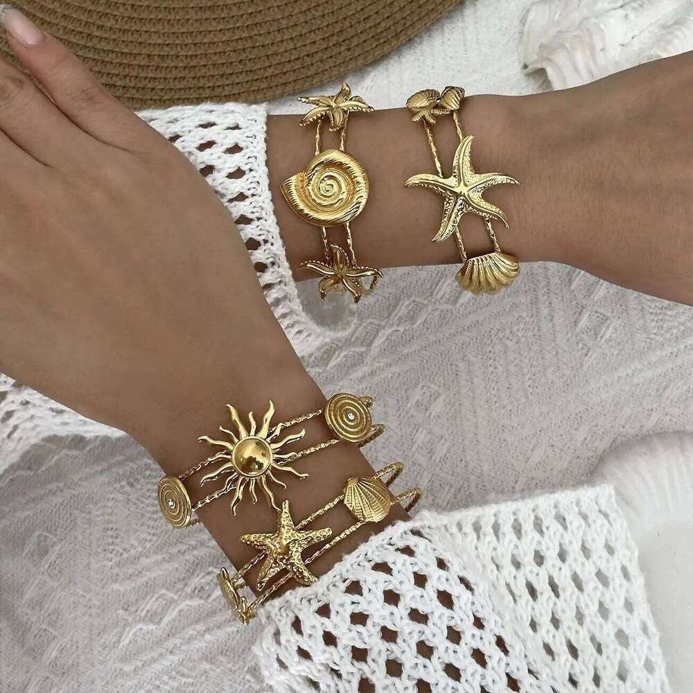 Vintage Punk Stainless Steel Ocean Series Wide Cuff Bangle for Women Gold Plated Starfish Conch Turtle Bracelet Beach Jewelry