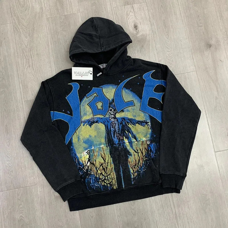 Front Pocket Big Letter Skull People Print Washed Hooded Hoodies for Men and Women Vintage Pullover Loose Cotton Sweatshirts 260605