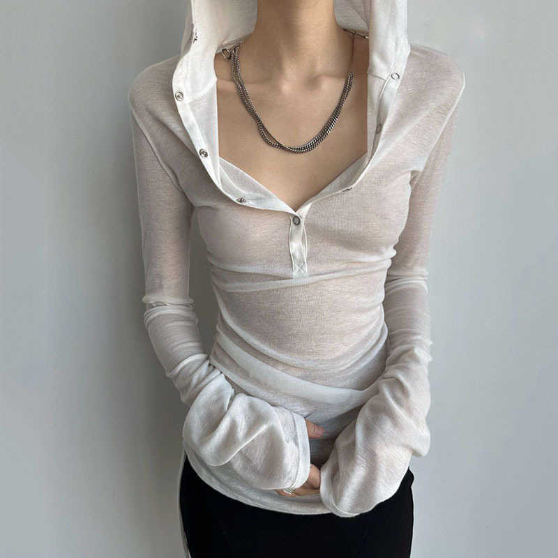 Summer Thin Womens Long Sve Top Streetwear Y2k Sexy See Through Hooded T-shirts Drawstring Slim Sun Protection White Tees L260608