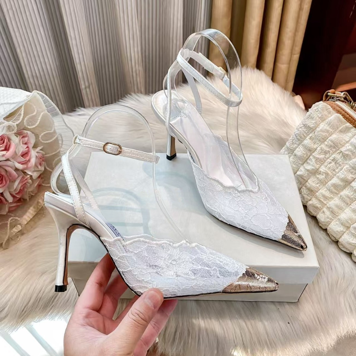 2026fashion Cross border high end popular model spring summer high heeled sandals pointed toe lace women s shoes sexy and elegant stiletto heels