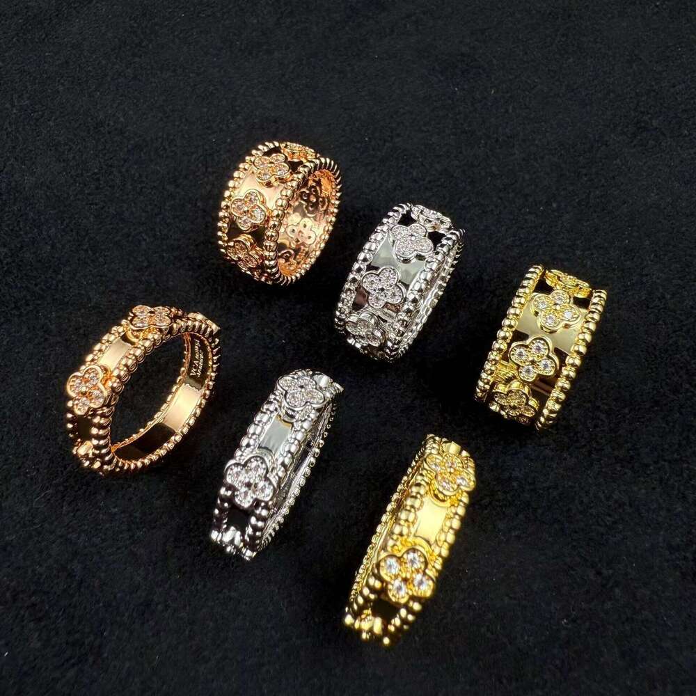 Brand designer high-quality kaleidoscope narrow band ring inlaid with natural stone clover, index finger couple ring, women's gift with orig-image-1109582372