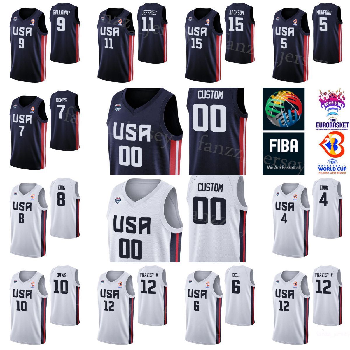 Printed World Cup United States Basketball US Jersey 4 Quinn Cook 7 Cody Demps 6 Bell 9 Langston Galloway 12 Michael Frazier II 10 William Davis 5 X