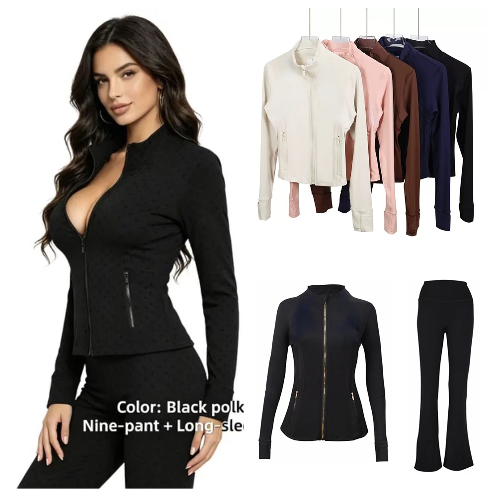 Yoga Jacket sets Gold zipper Women jacket Workout Sport Coat Fitness Jacket Sports Quick Dry Activewear Top Solid Zip Yoga Set-image-906950588