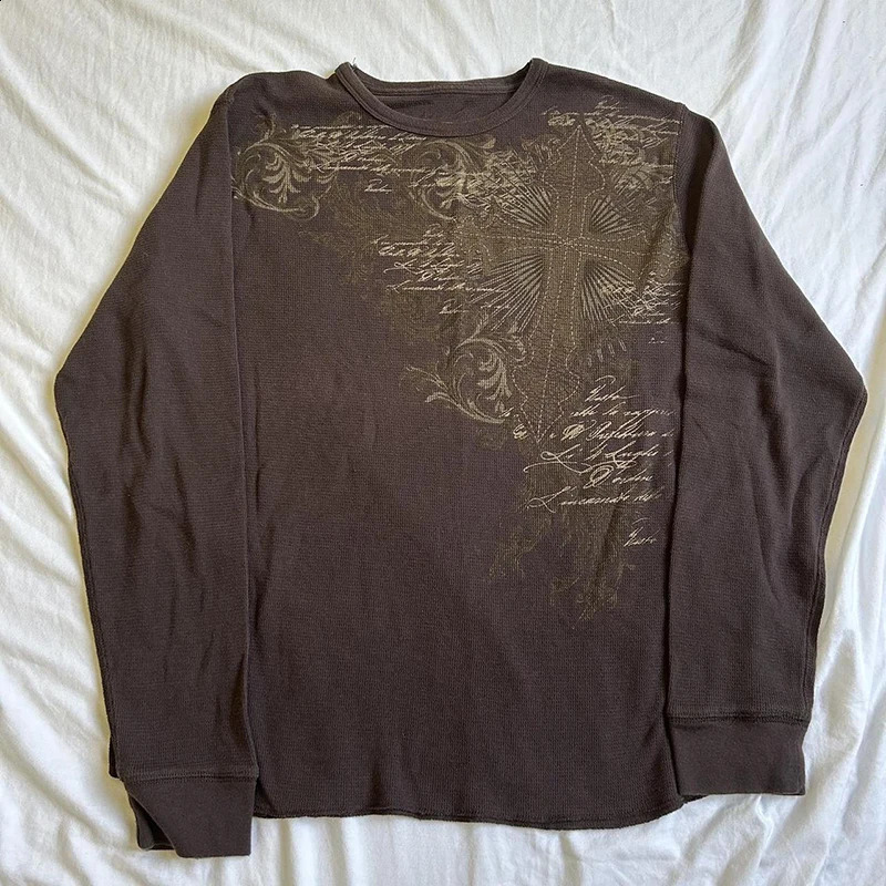 2000s Aesthetic Mall Goth Tees Y2K Cyber Grunge Emo Cross Print T-shirt 90s Vintage Women Autumn Long Sleeve Pullovers Tops 260604bj