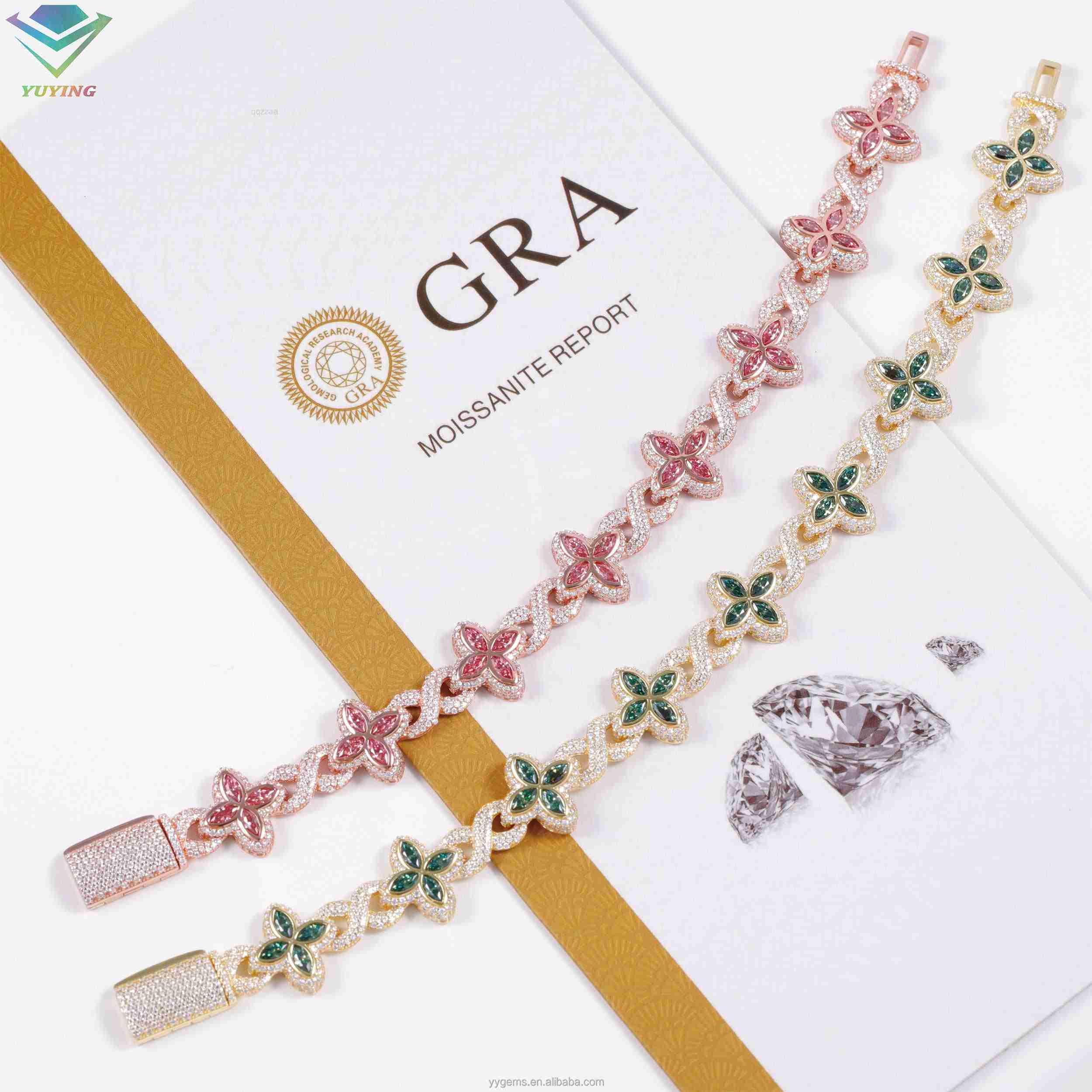 Yu Ying Gold Plated S925 Sterling Silver Clover Pink Green Diamond Cuban Moissanite Bracelet With GRA Certificate