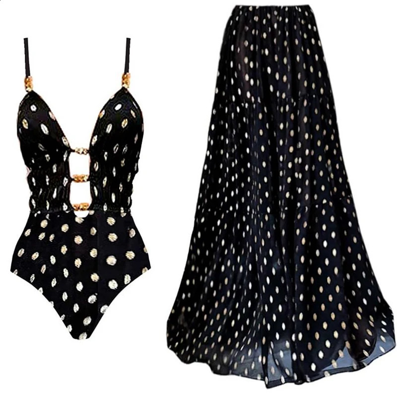 2Pcs Set Women Sexy Black and Gold Polka Dots Sleeveless Backless Deep V Swimsuit Halter Neck Cami Crop Top Bodysuit Beachwear 260604bj