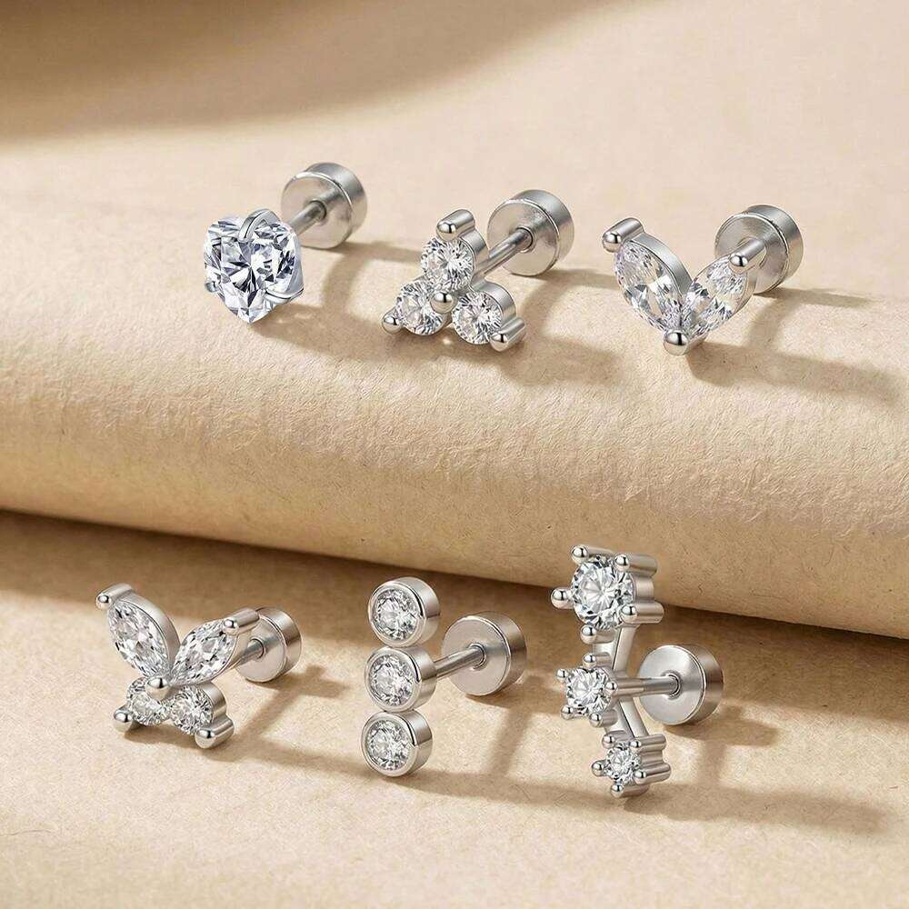 Boucles d'oreilles à dos plat pour femmes, 1 paire de clous papillon en zircone cubique, en acier chirurgical 316L, pour Cartilage, 20G