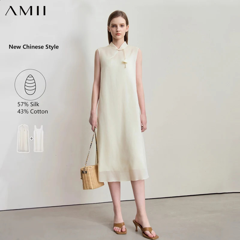 AMII Minimalist Mulberry Silk Cotton Dres 2025 Summer Chinese Style Sleeveless ALine Elegant Evening Dresses12542267 260604BANJIA