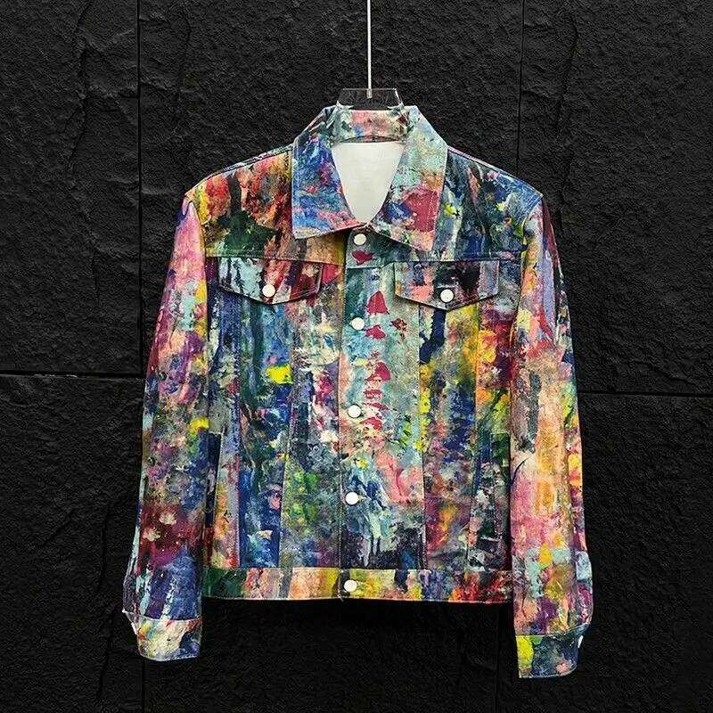 Design Jacket Coat Men's Painted Graffiti Oil Painting Denim Jacket Spring Autumn Street Retro Cardigan Boys Long Sleeved Male Single-Breasted