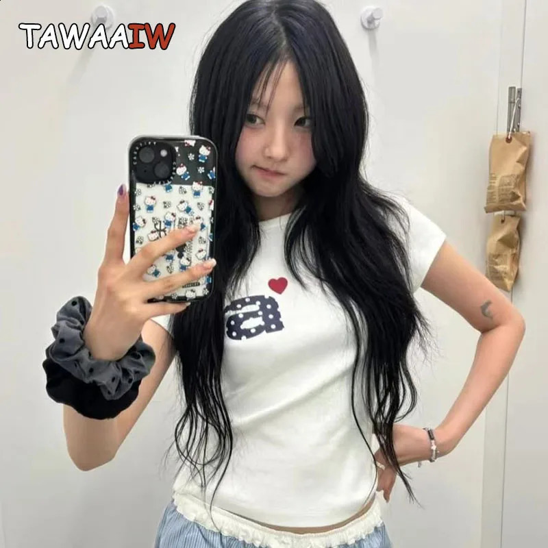 Tawaaiw Korean Fashion Casual Summer Tops Short Sleeve Womens T-shirt Print Letter Graphic Tee 2000s Clothes Y2k Slim Tees Chic 260604bj