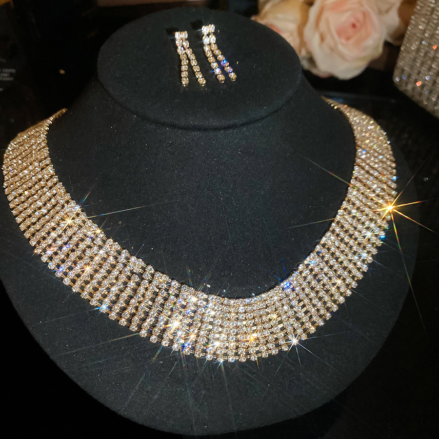 Luxurious Full-Diamond Wide-Edge Necklace and Earring Set, High-End Clavicle Choker, Sexy Neck Chain-image-1109476252