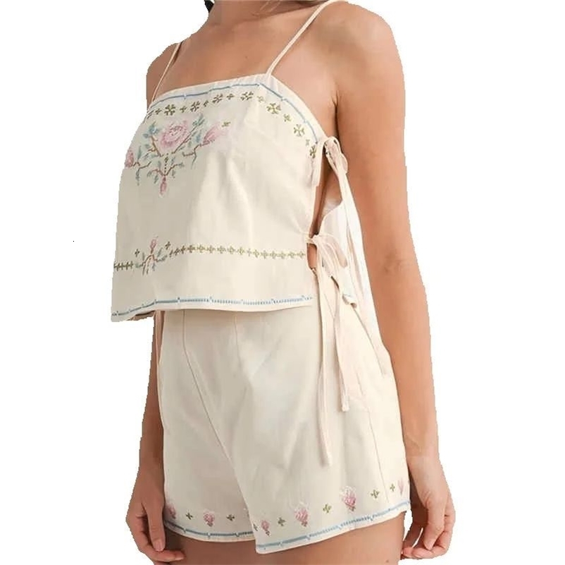 Women Tie Side Tank Top Shorts 2 Piece Outfits Set Sleeveless Floral Embroidered Crop Cami Top Shorts Pajamas Set 260605
