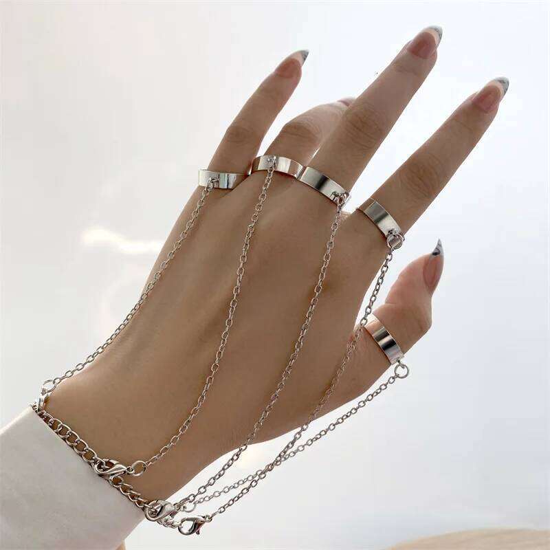 Vintage Geometric Punk Chain Ring Bracelet Set Gift for Women Men Fashion Rings Finger Jewelry Adjustable Party