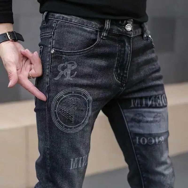 End Classic High Distinctive Printed Black Stretch Denim Jeans for Men Slim Fit Stretch Denim S260608