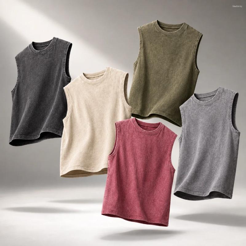 Men's Tank Tops Men High Street Washed Top 230G Cotton Vintage Sleeveless Vest Loose Shoulder Summer Workout Gym Streetwear Tee