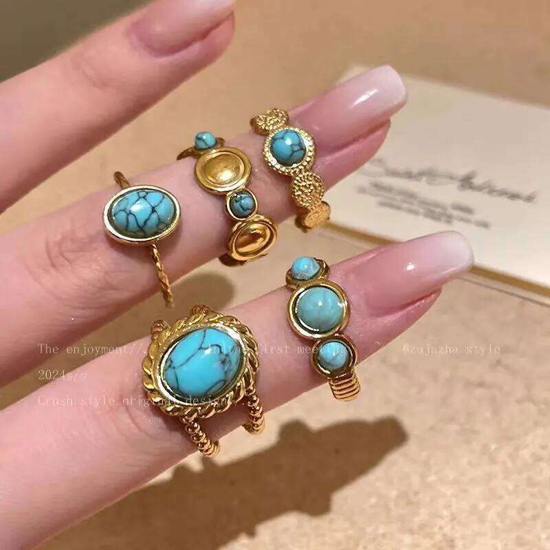 Fashion Gold Plated Bohemia Light Blue Stone Turquoise Open Ring Minimalist Stainless Steel Knuckle Rings Jewelry Gift For Women