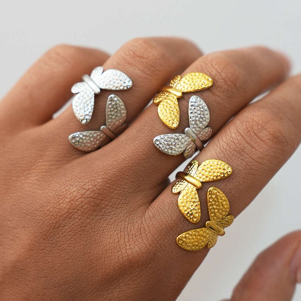 Women'S Butterfly Open Ring Women'S Hammered Open Ring For Daily Wear Simple Stylish Unique Design Stainless Steel Hand Jewelry Accessory