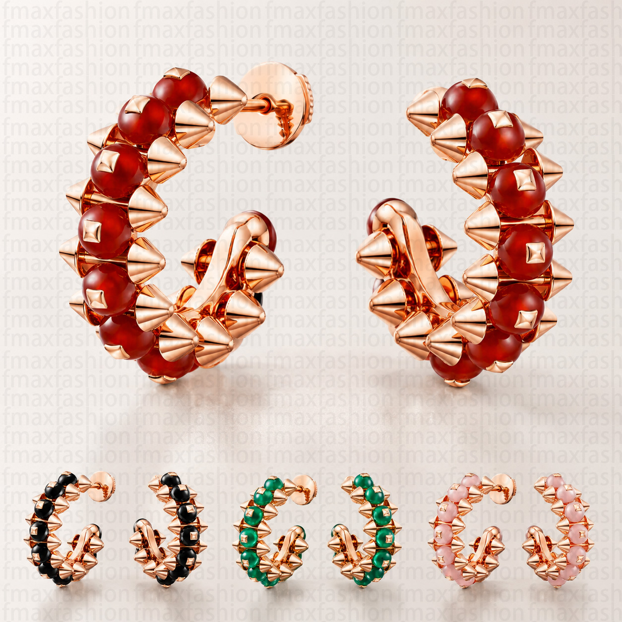 Luxury Spike Stud Earrings Rose Gold Plated Punk Agate Beads Hoop Earring Geometric Carnelian Onyx Quartz Rivet Drop Earrings For Women Jewelry Gift