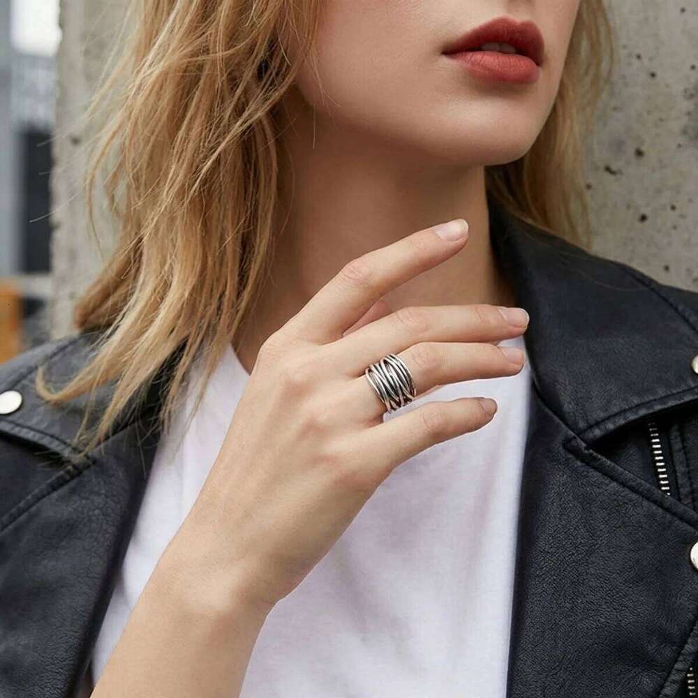 Vintage Multilayer Metal Line Wrap Opening For Women Men Punk Minimalist Geometric Twisted Finger Rings Fashion Jewelry