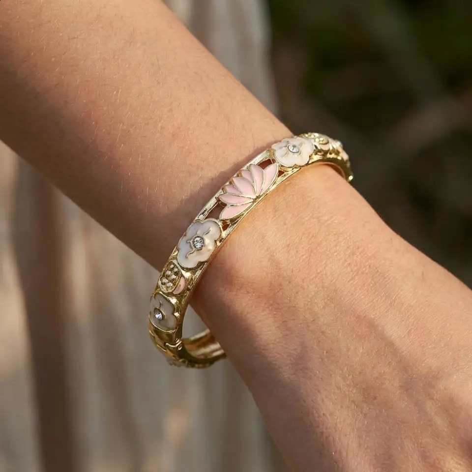 Colorful Enamel Floral Bangle Gold Plated Chinese Style Dainty Jewelry Gift Handmade Open Cuff Bracelet Women 260608