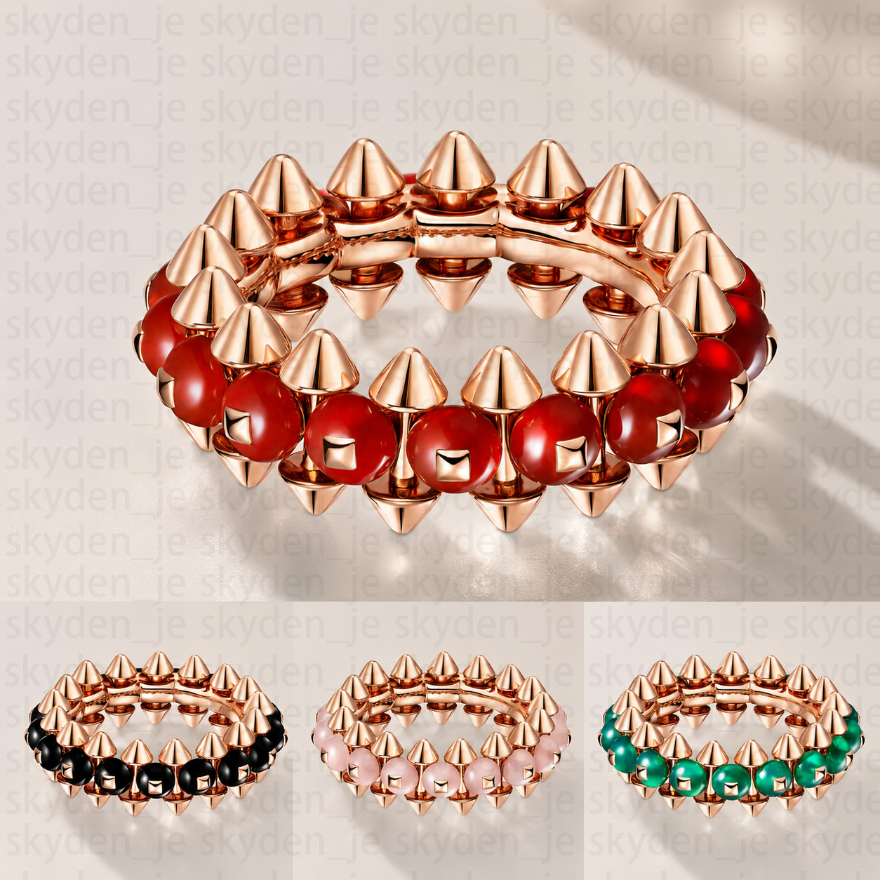 Double Row Spike Stud Ring Luxury Punk Beads Rings Rose Gold Plated Geometric Carnelian Onyx Agate Quartz Finger Rings For Women Men Jewelry Gift