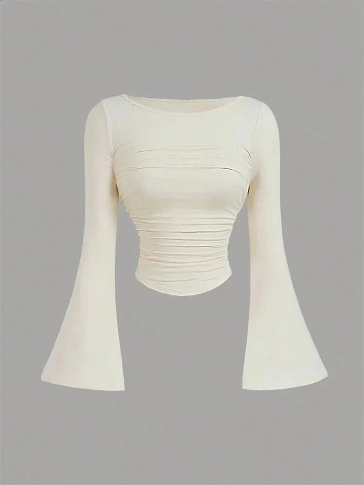 Casual Flare Long Sleeve Round Neck Ruched T-shirt for Women Spring Autumn Winter Elegant Solid Pleated Slim fit Blouse Tshirt 260608