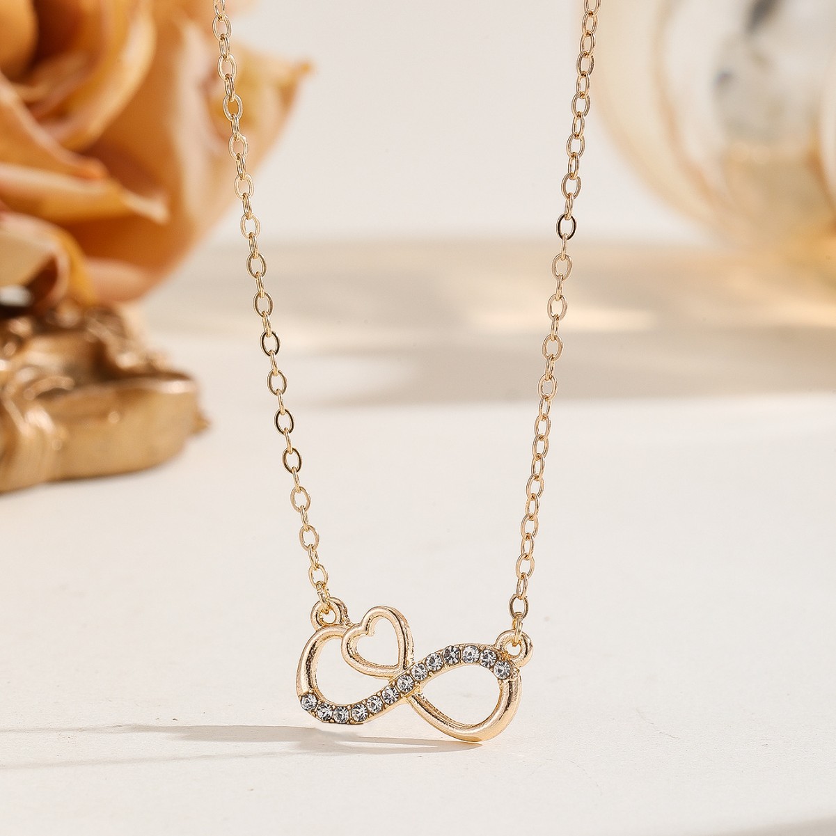 Gold Plated Infinity Heart Pendant Necklace, CZ Crystal Inlaid Love Forever Symbol Charm Dainty Women Valentine's Day Jewelry Wholesale Bulk