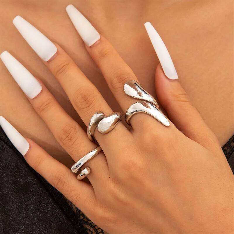 Punk Fashion Gold Color Geometric Open Rings Set For Women Men Exaggerated Irregular Liquid Knuckle Finger Ring Jewelry Gift