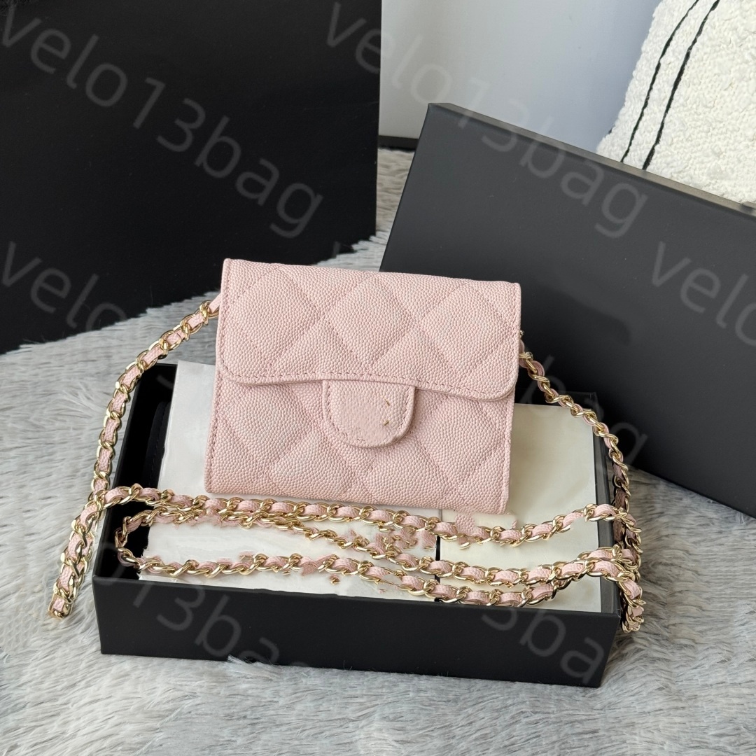 High quality designer wallet, mini chain handbag, grid wallet, two letter solid buckle sheepskin caviar pattern, women's luxury coin wallet, mi